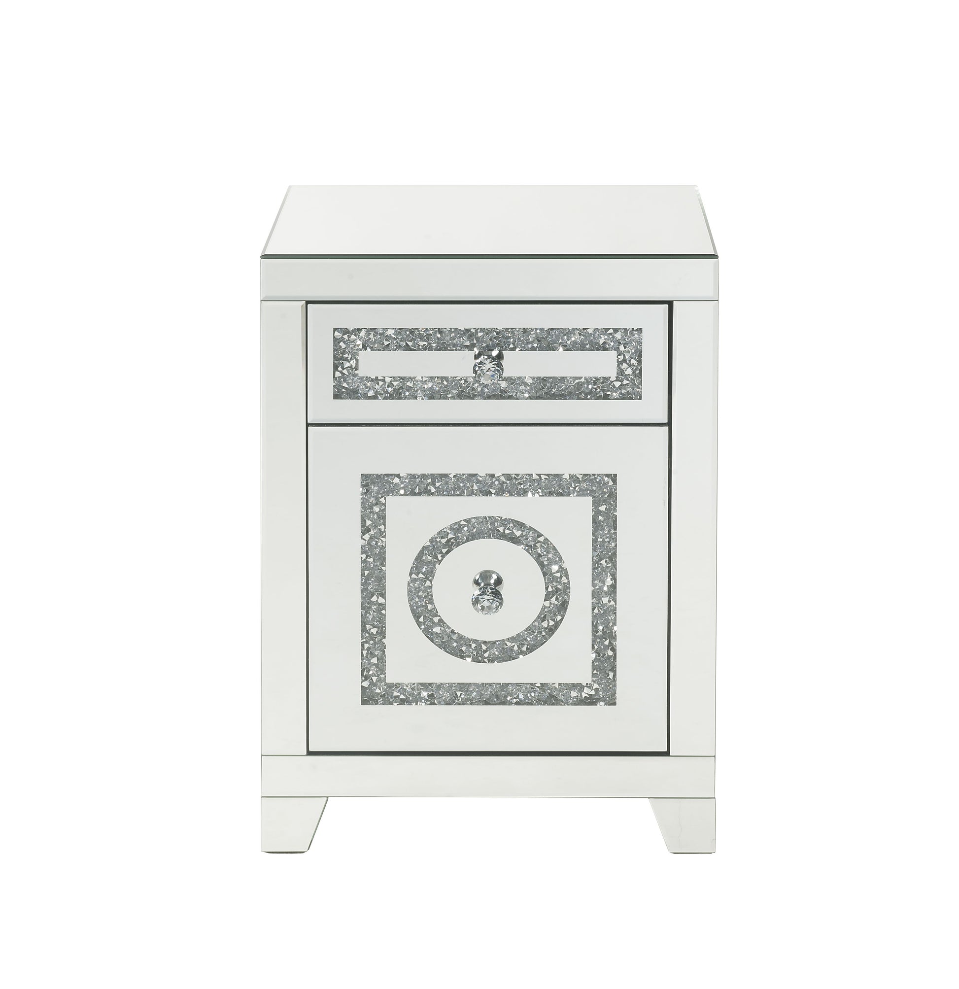Mirrored nightstand with crushed diamond drawer fronts and crystal knob