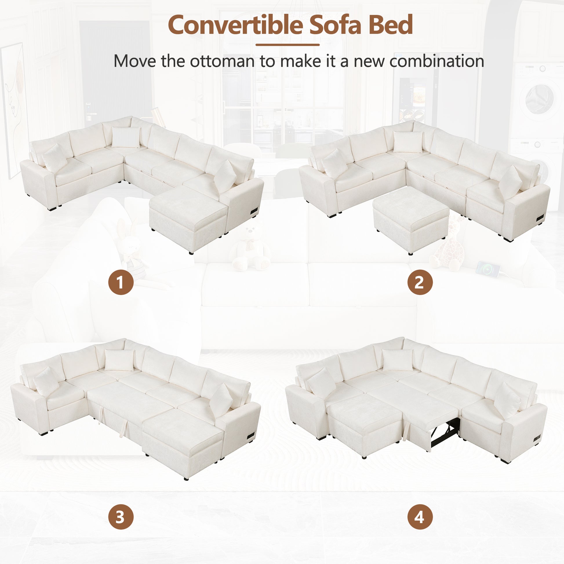 Cream Ushaped convertible sofa bed with plush cushions and modular ottomans for adaptable living room seating