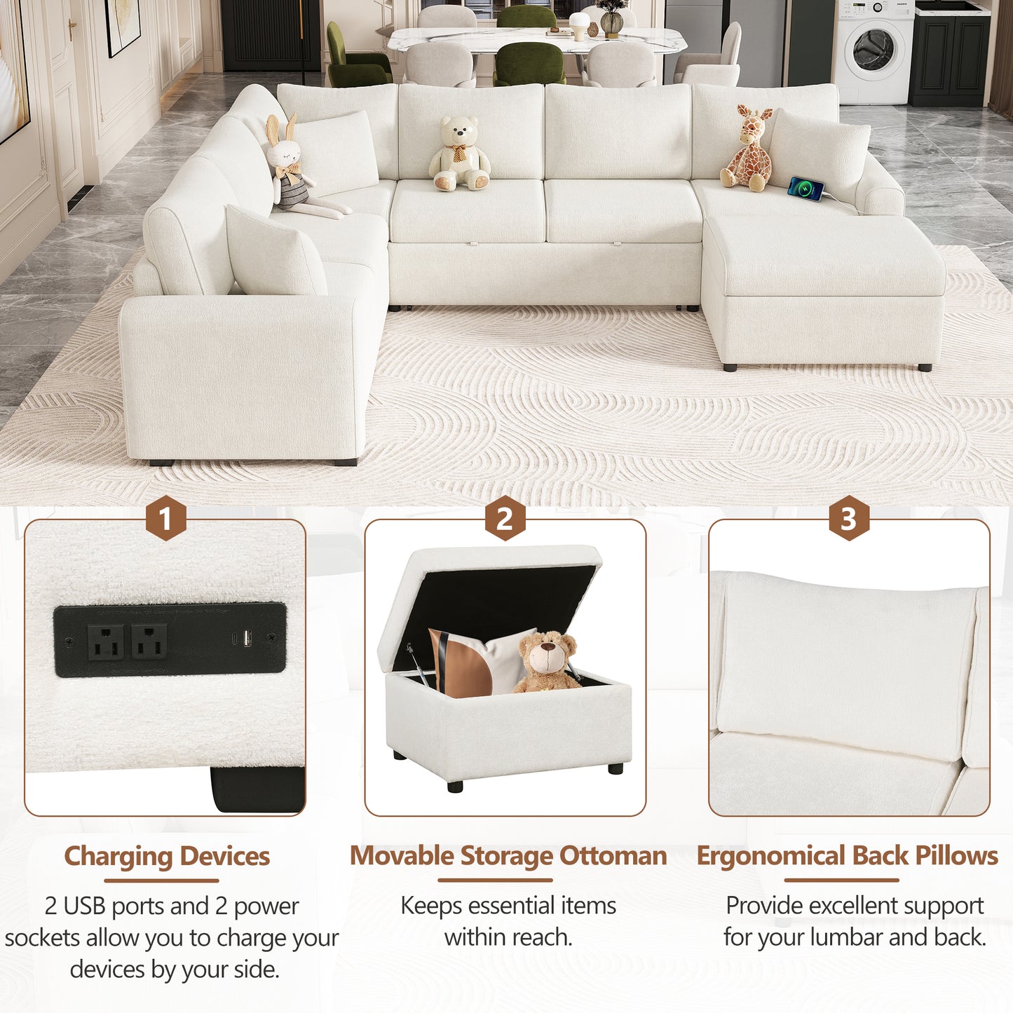 Cream sectional sofa with integrated USB charging ports and storage ottoman