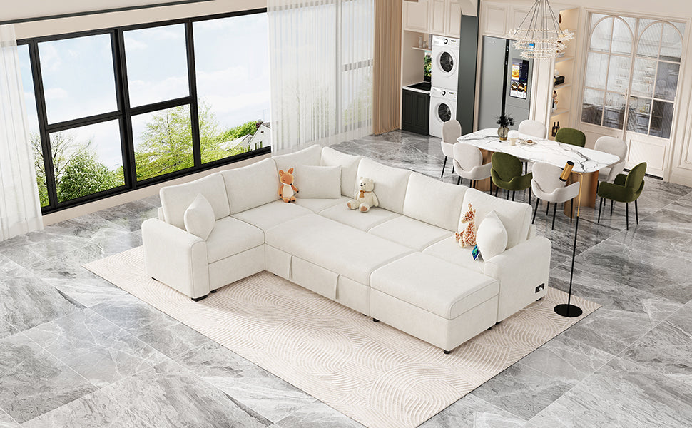 Cream fabric sectional sofa with plush cushions and storage perfect for a modern living room