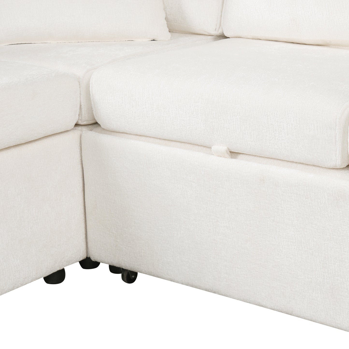 Closeup of plush white sectional sofa fabric with hidden wheels for mobility