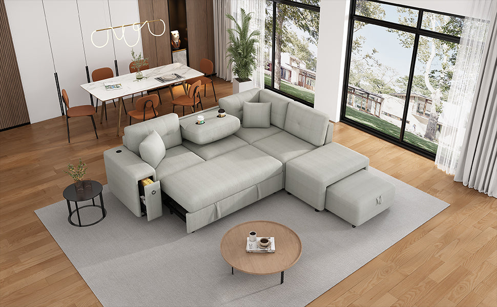 Light gray sectional sofa with hidden storage compartments and pullout bed function