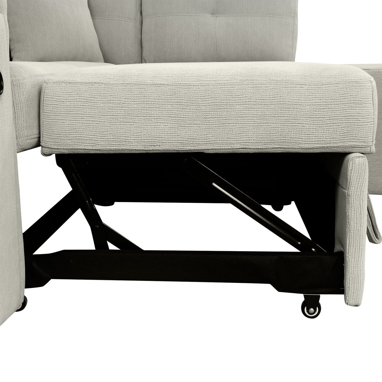 Light grey recliner sofa with visible lift mechanism and caster wheels for easy movement