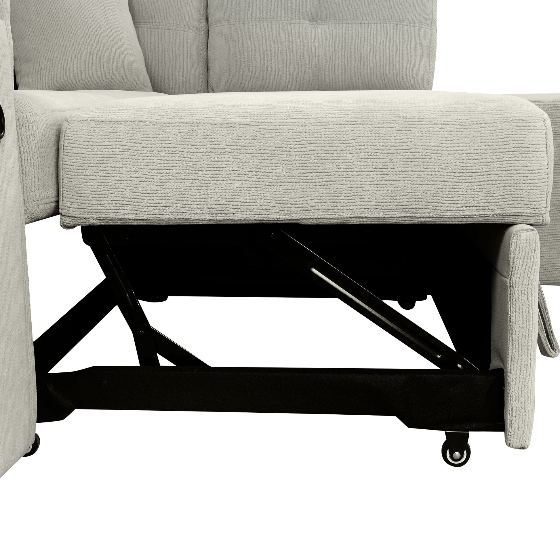 Light grey recliner sofa with visible lift mechanism and caster wheels for easy movement