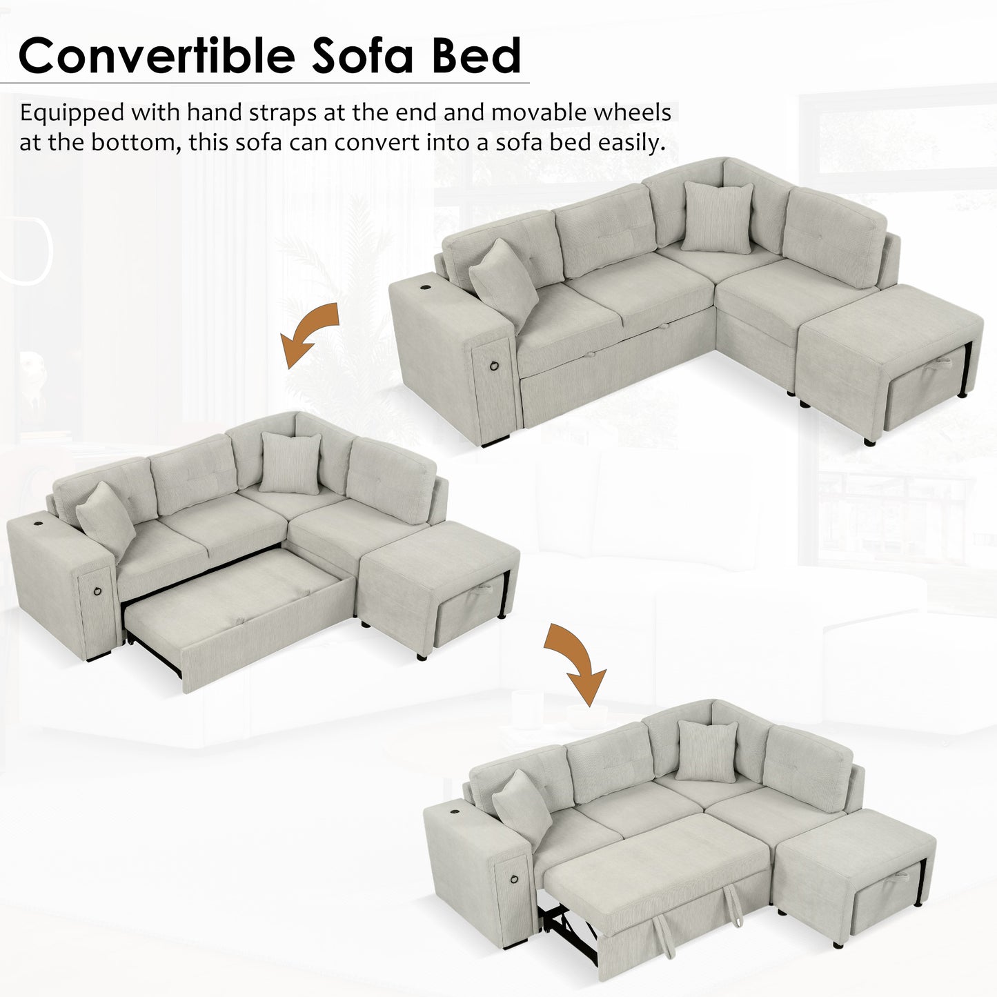Light grey fabric sectional convertible sofa bed with pullout mattress extension
