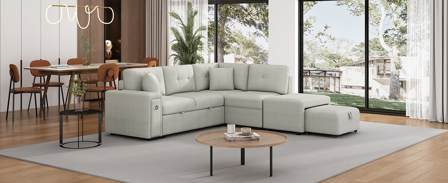 Light grey modular sectional sofa with tufted cushions and builtin storage perfect for modern living rooms
