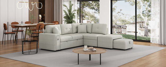 Light grey modular sectional sofa with tufted cushions and builtin storage perfect for modern living rooms