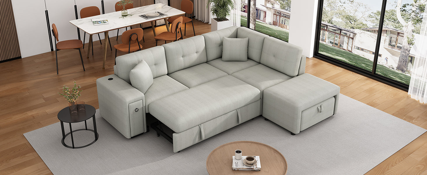 Light grey sectional sofa with pullout bed functionality