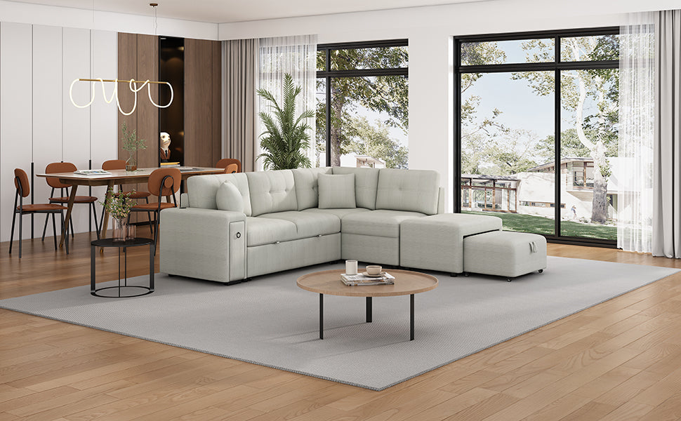 Light grey fabric sectional sofa with chaise and ottoman modern living room furniture
