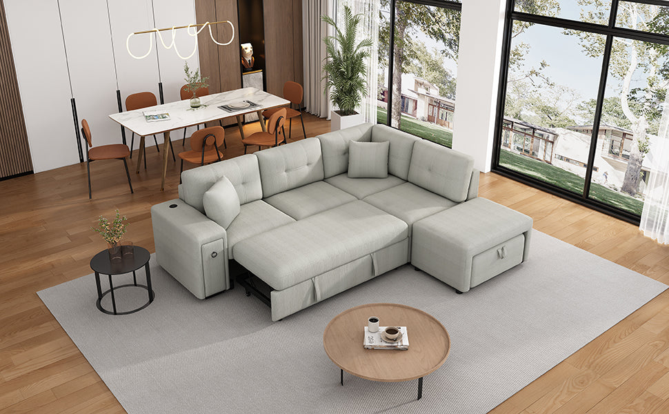 Light gray sectional sofa with pullout bed feature and storage ottoman