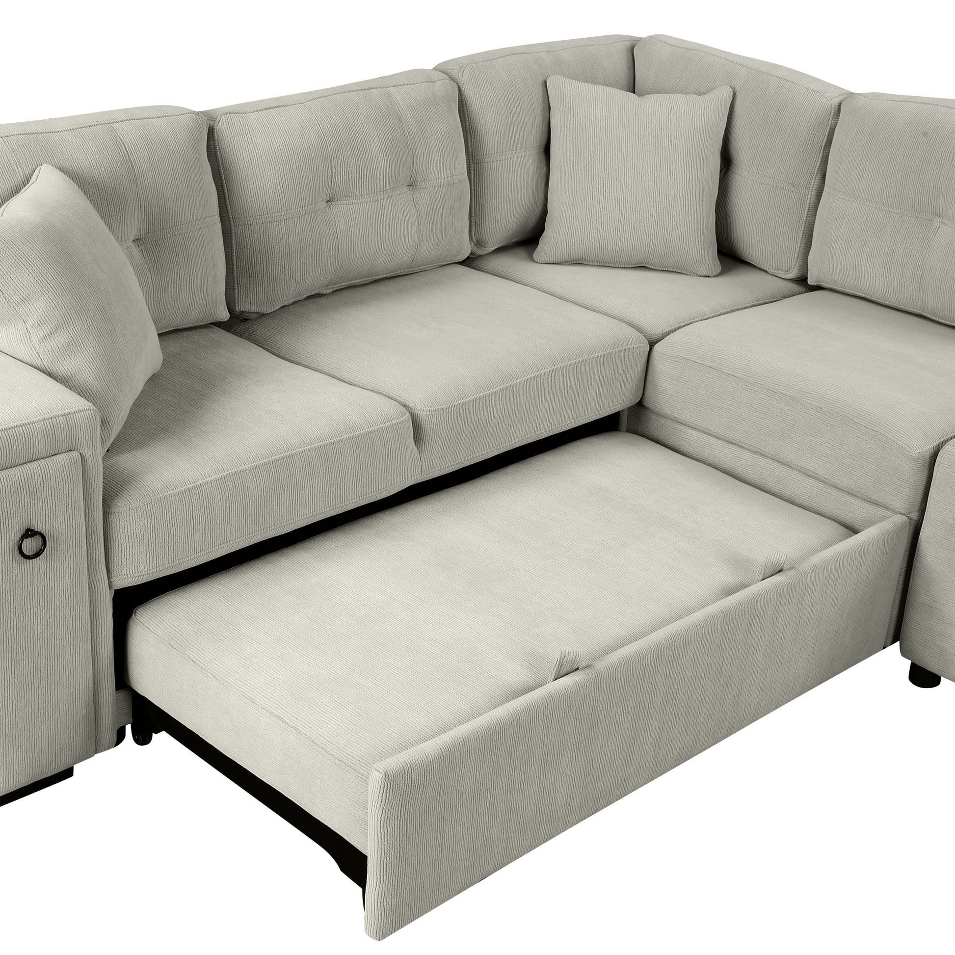 Cream corduroy sectional sofa with pullout bed extended for sleeping comfort