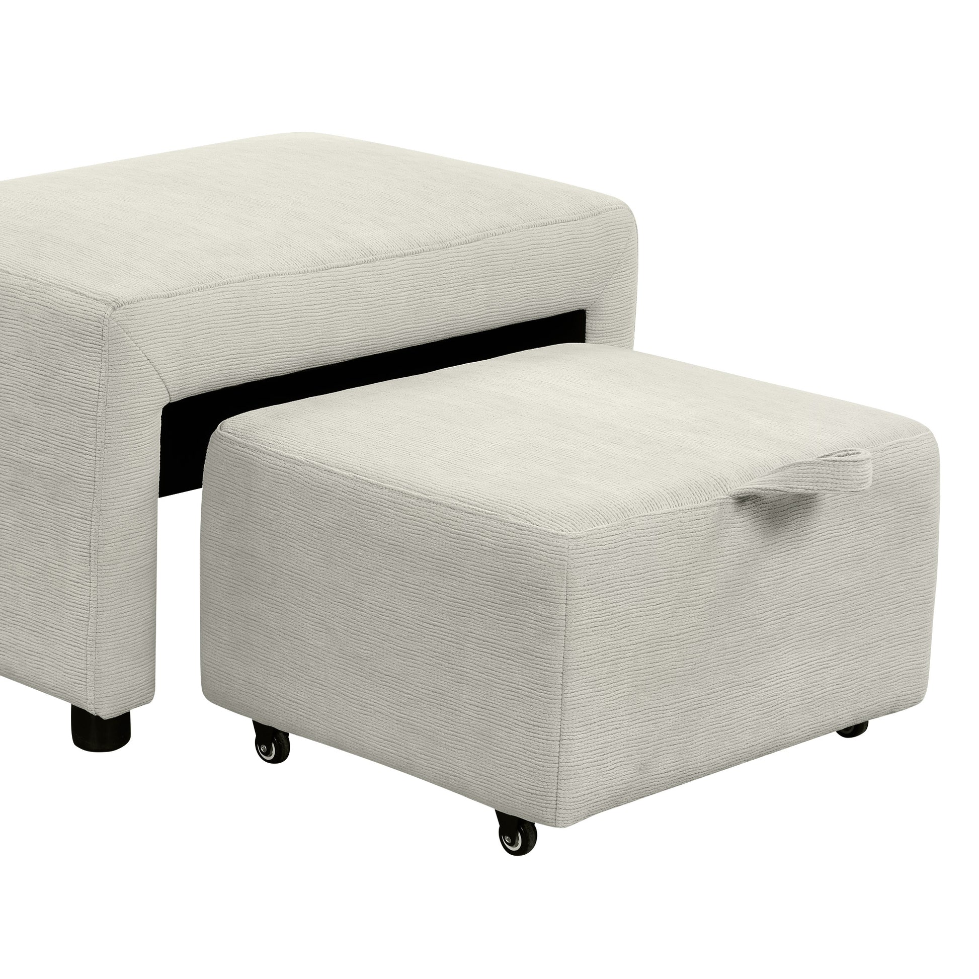Cream textured fabric storage ottoman with black legs and hidden wheels