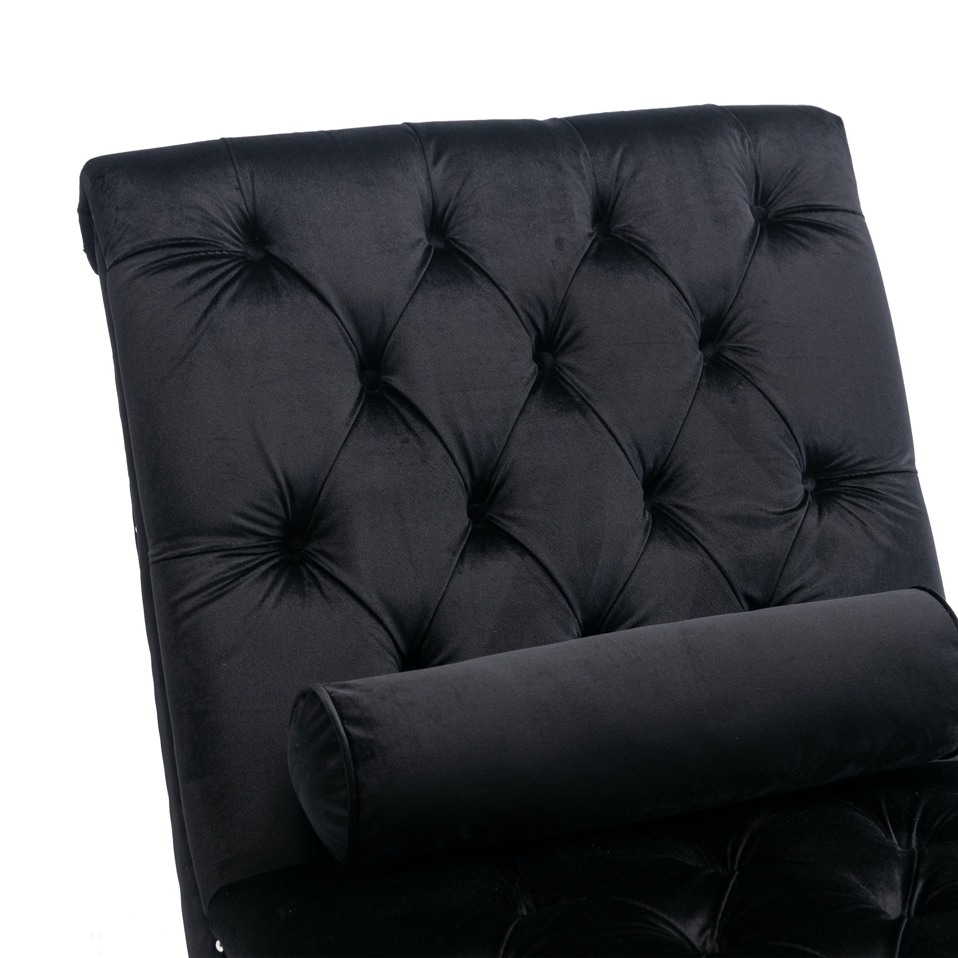 Black velvet chaise lounge with tufted back and bolster pillow modern design