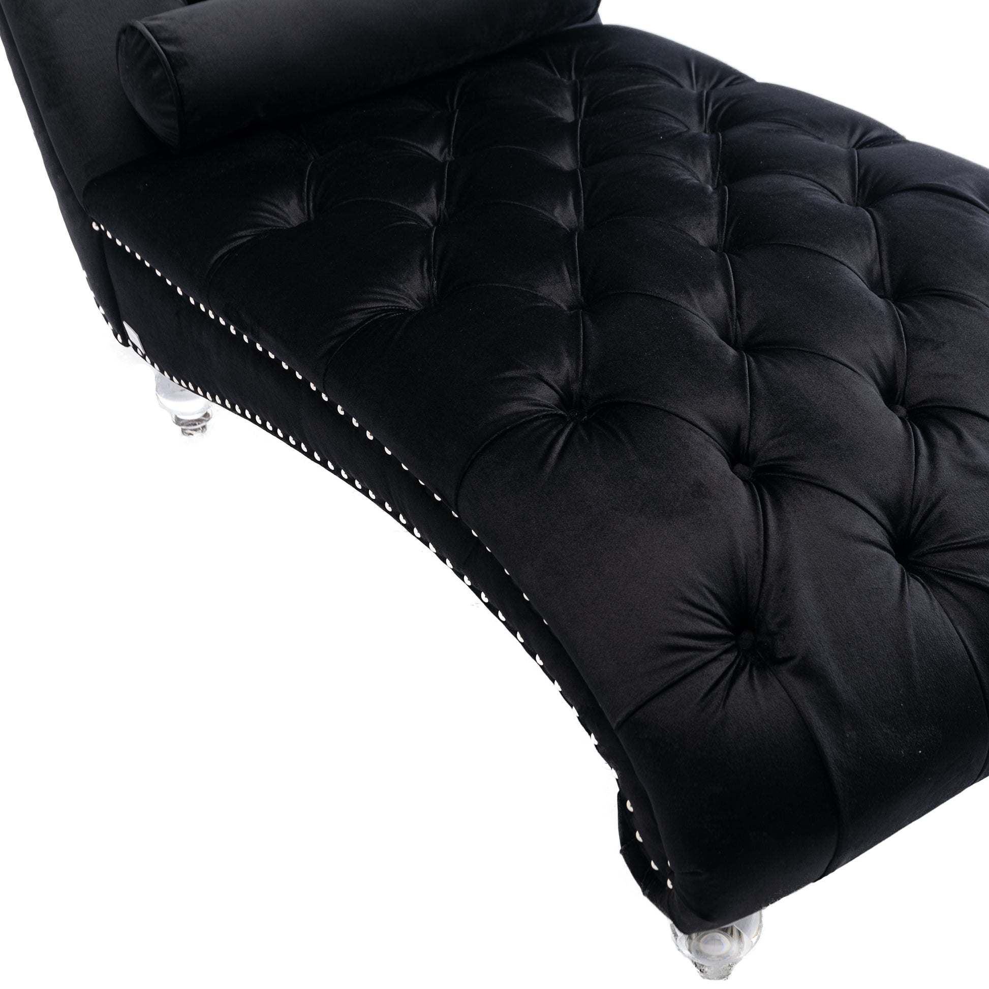 Black velvet tufted chaise lounge with crystal legs and nailhead trim