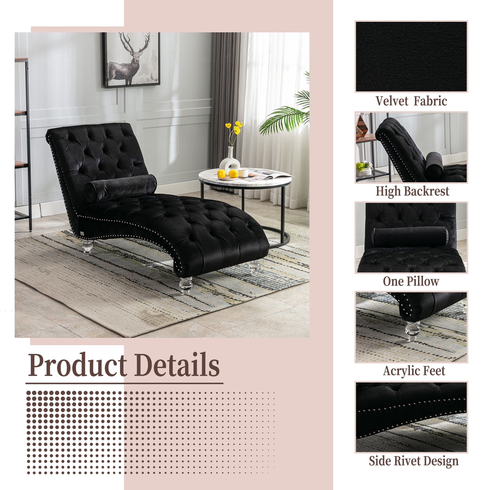 Black velvet tufted chaise lounge with silver nailhead trim and clear acrylic feet