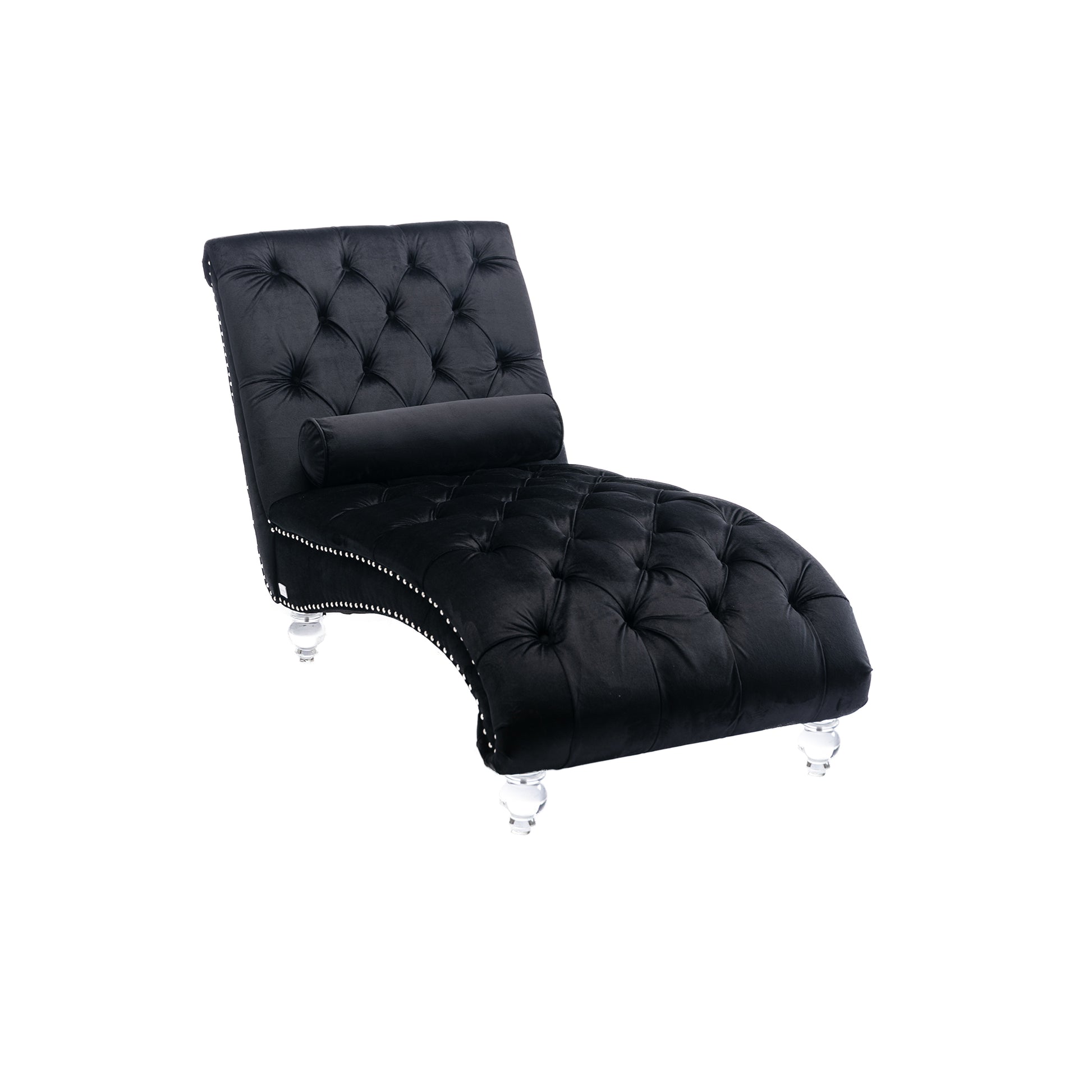 Black velvet chaise lounge with crystal legs and tufted design
