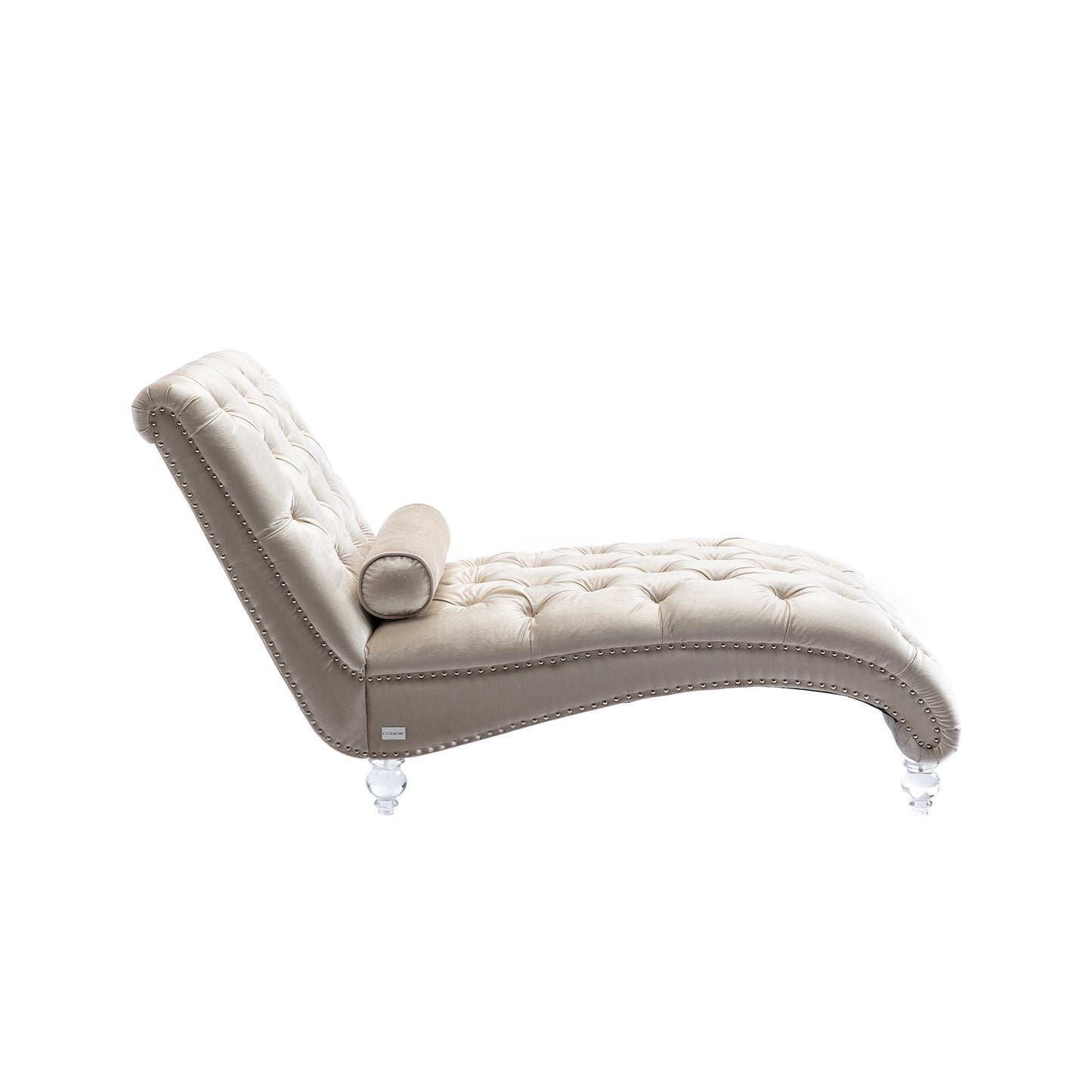 Tufted champagne velvet chaise lounge with silver nailhead trim and clear acrylic legs