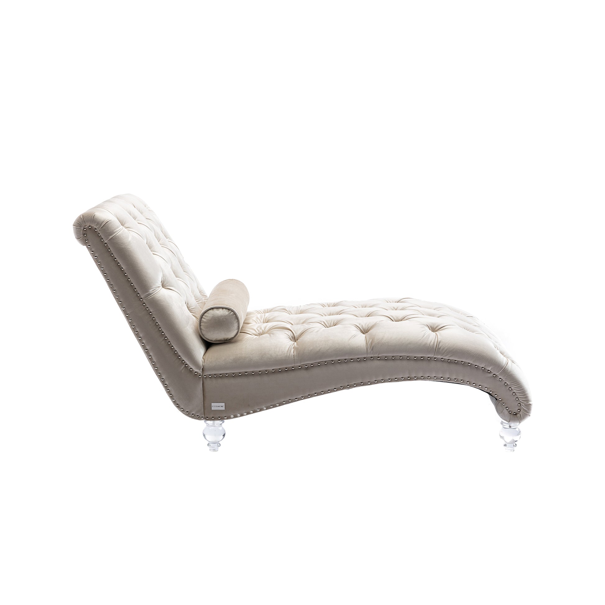 Tufted champagne velvet chaise lounge with silver nailhead trim and clear acrylic legs