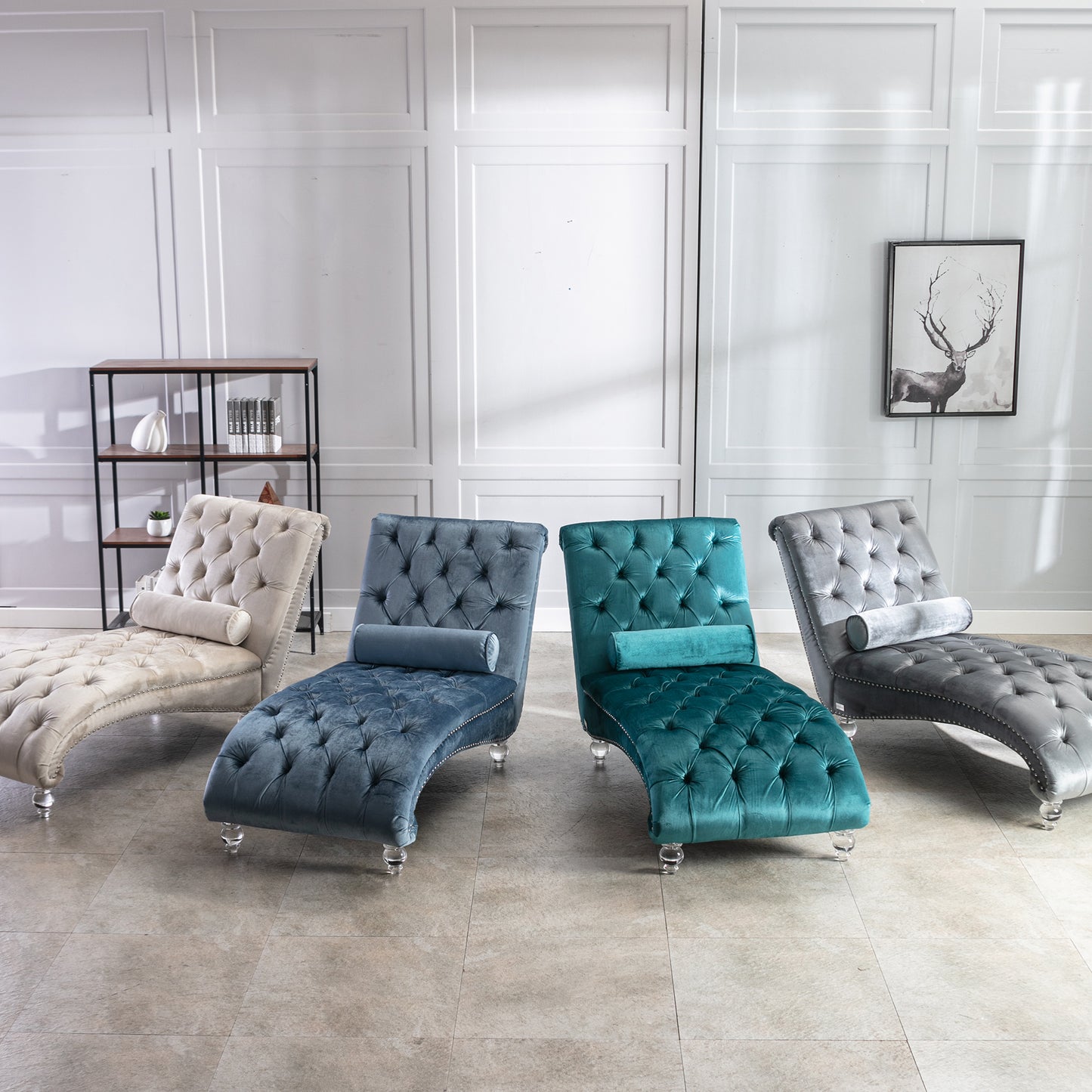 Tufted cream velvet chaise lounge with crystal legs and bolster pillow perfect for a luxurious living room