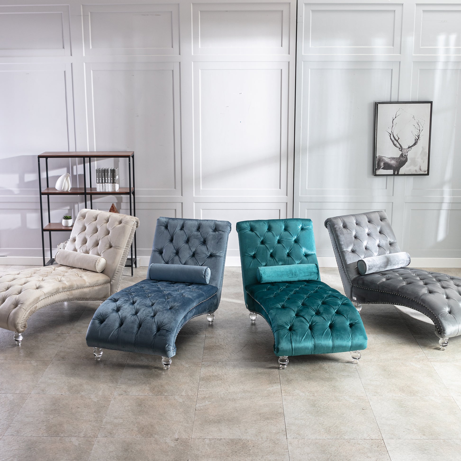 Tufted cream velvet chaise lounge with crystal legs and bolster pillow perfect for a luxurious living room