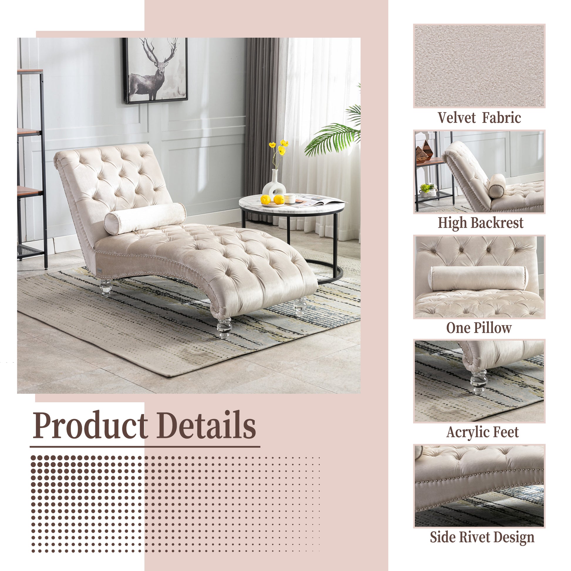 Tufted beige velvet chaise lounge with crystal legs and matching bolster pillow