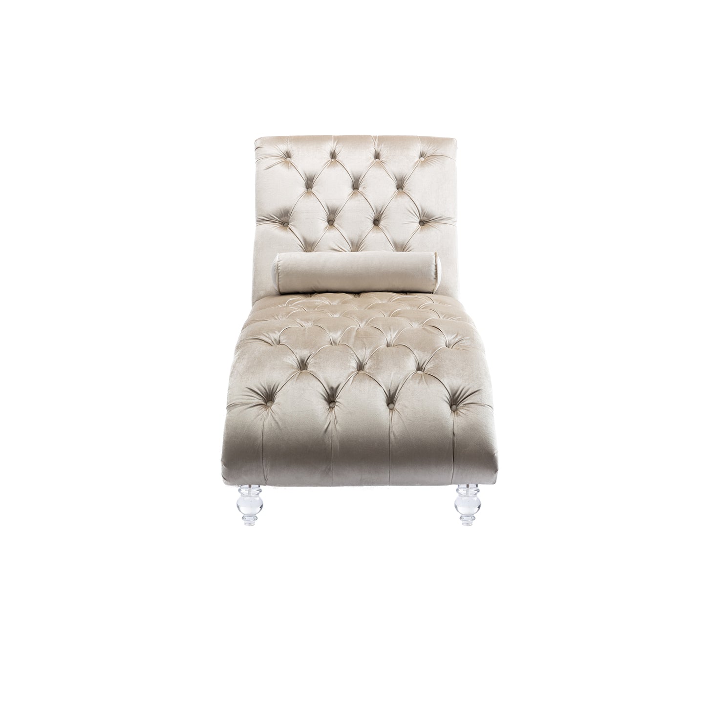 Champagne velvet tufted chaise lounge with crystal legs and bolster pillow