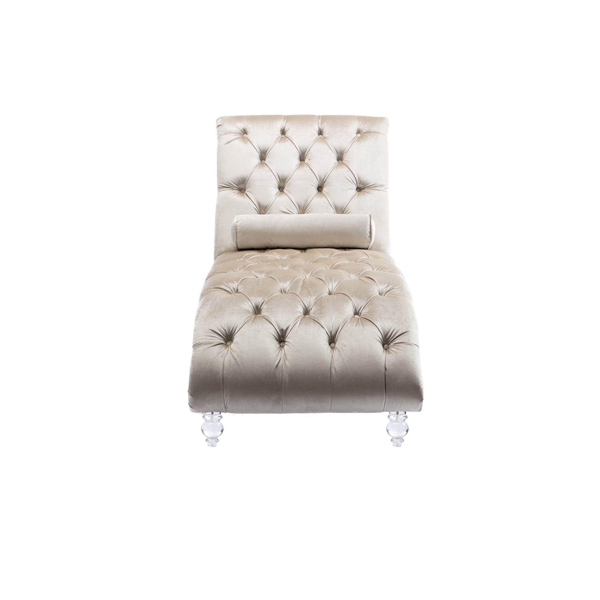 Champagne velvet tufted chaise lounge with crystal legs and bolster pillow