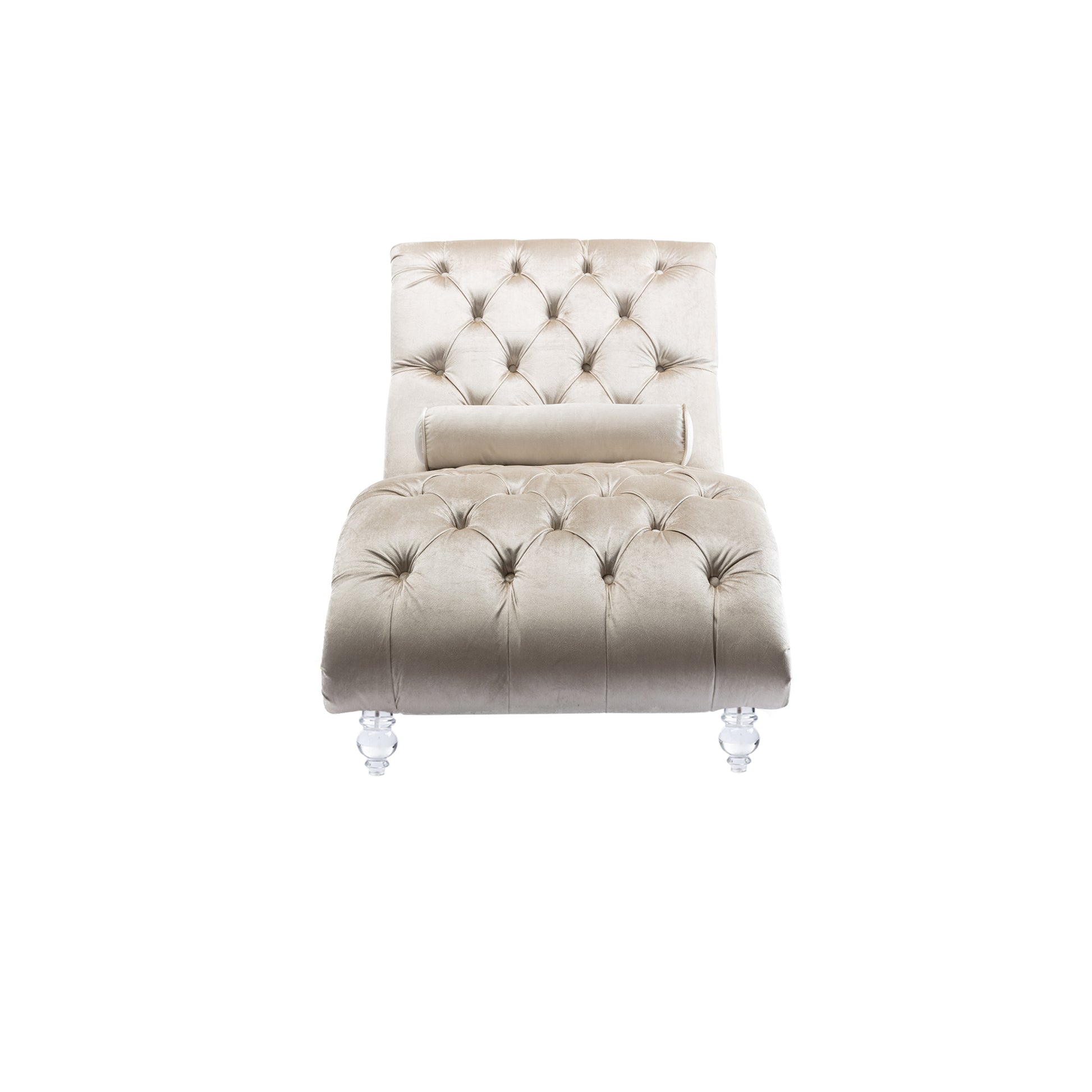 Beige velvet chaise lounge with button tufting and clear acrylic legs