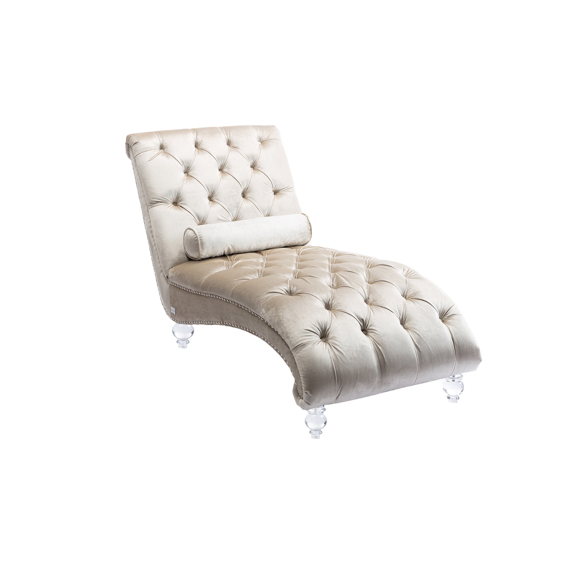 Champagne velvet tufted chaise lounge with crystal legs perfect for a luxurious living room