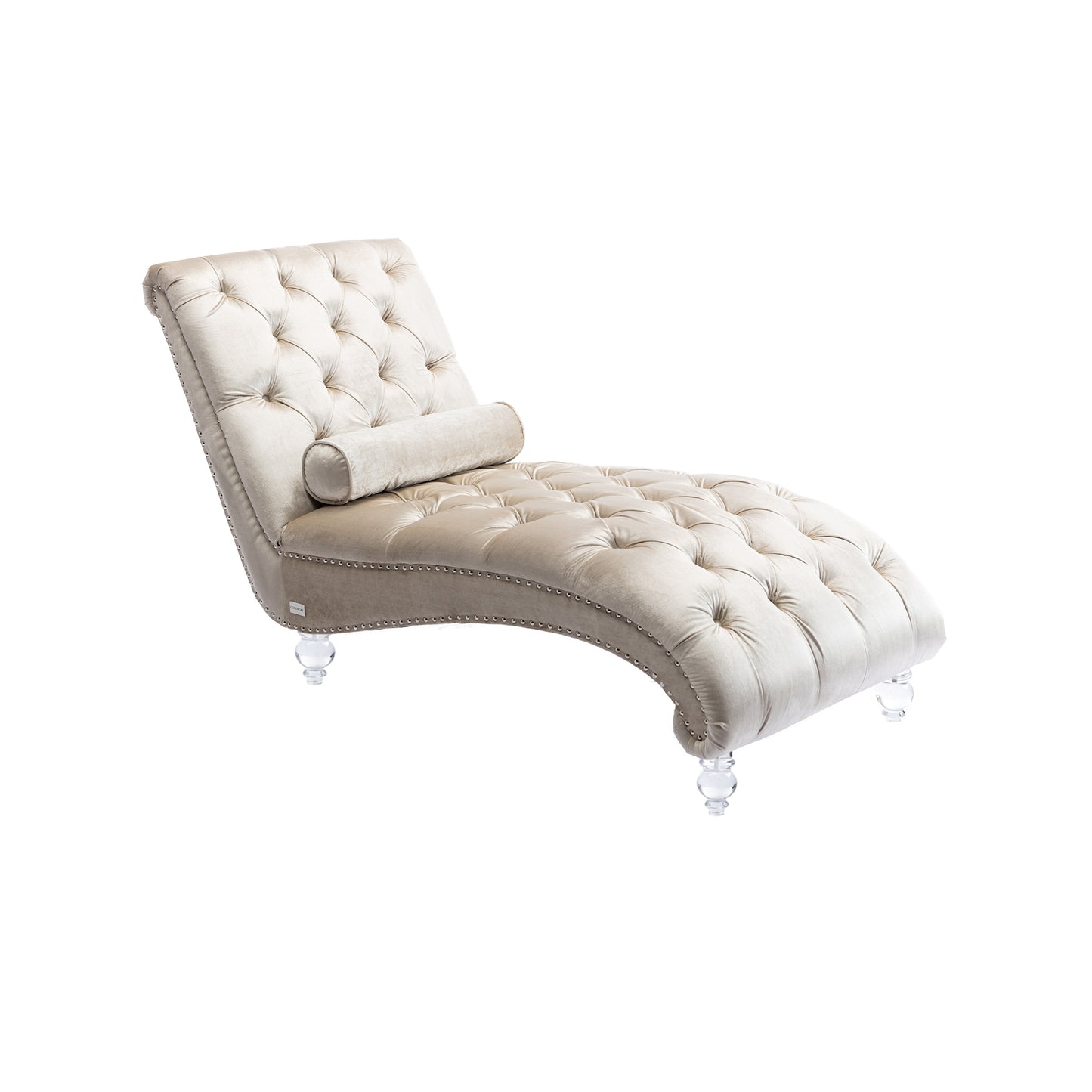 Tufted champagne velvet chaise lounge with crystal legs and bolster pillow