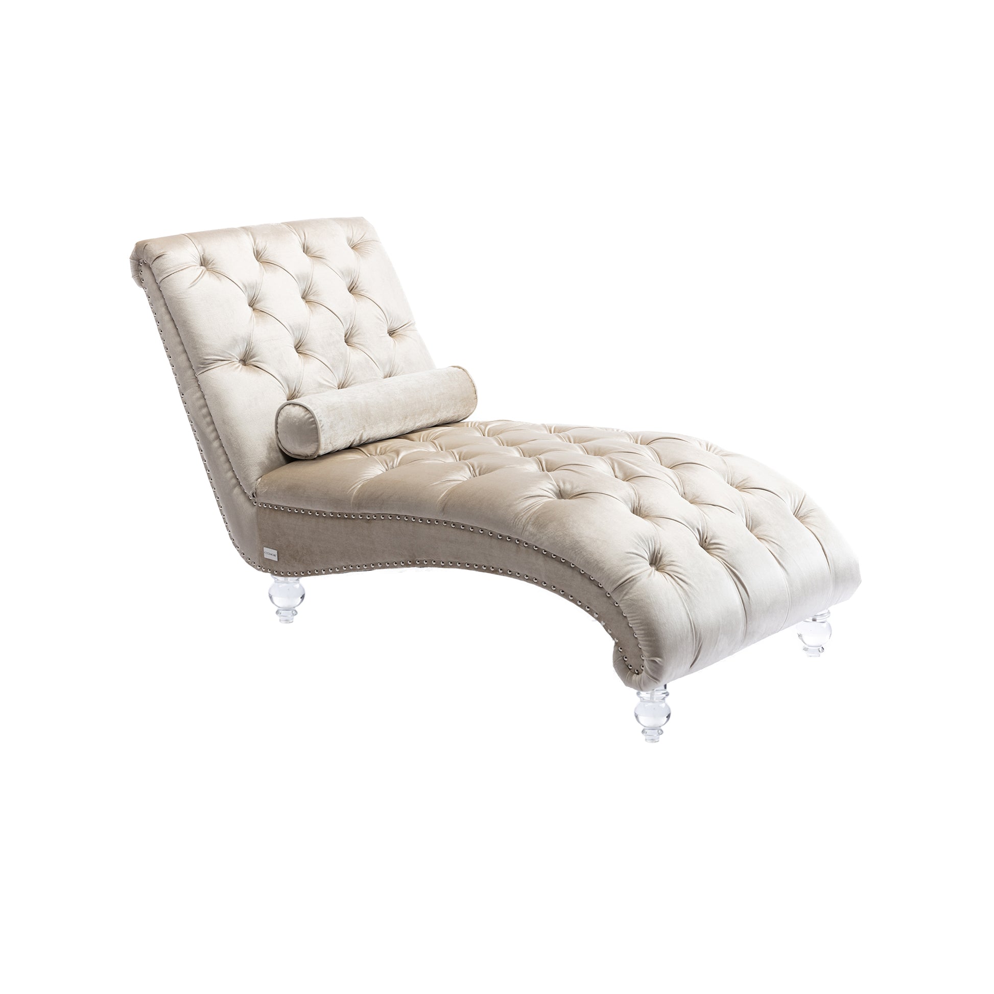 Tufted champagne velvet chaise lounge with crystal legs and bolster pillow