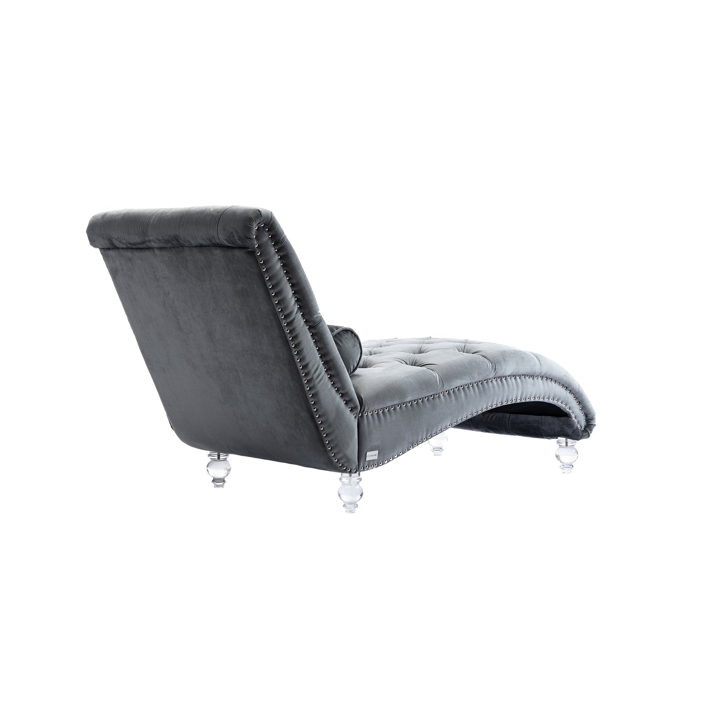 Grey velvet chaise lounge with tufted seat and crystal legs
