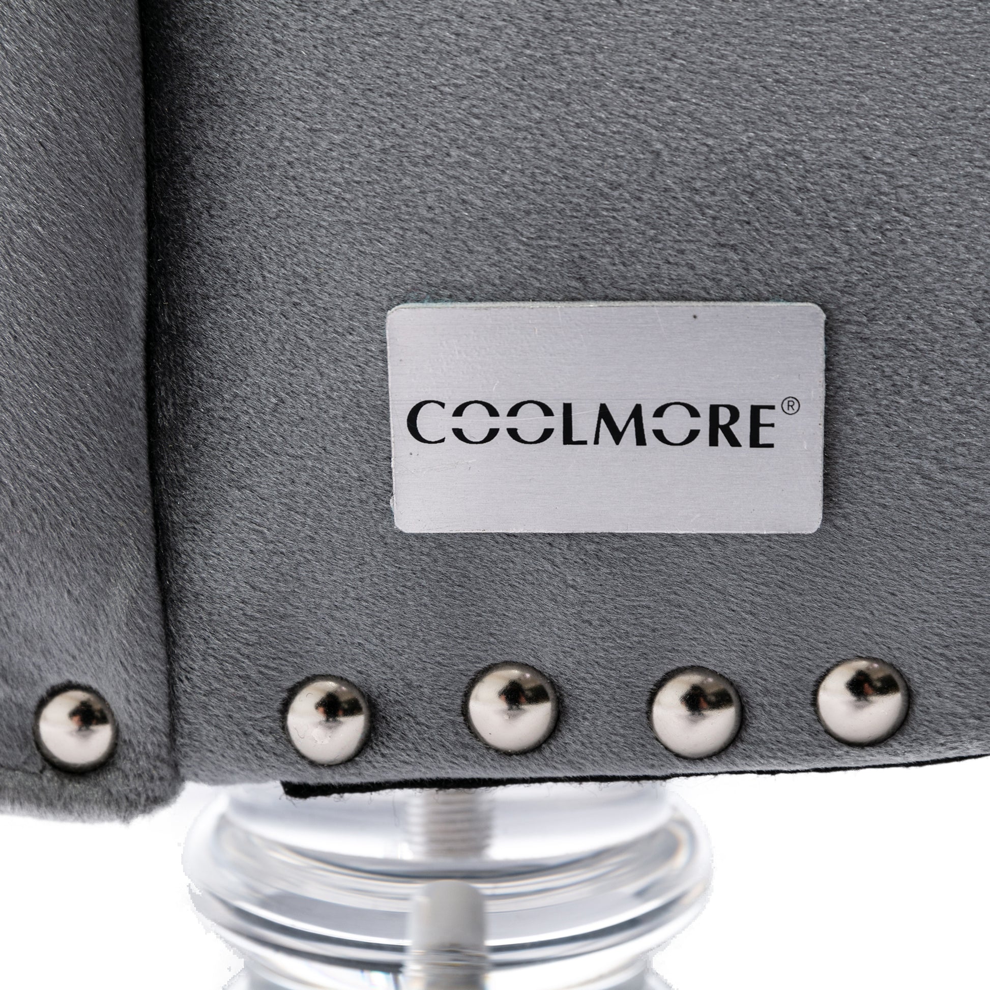 Gray faux fur office chair with silver studs and COOLMORE logo