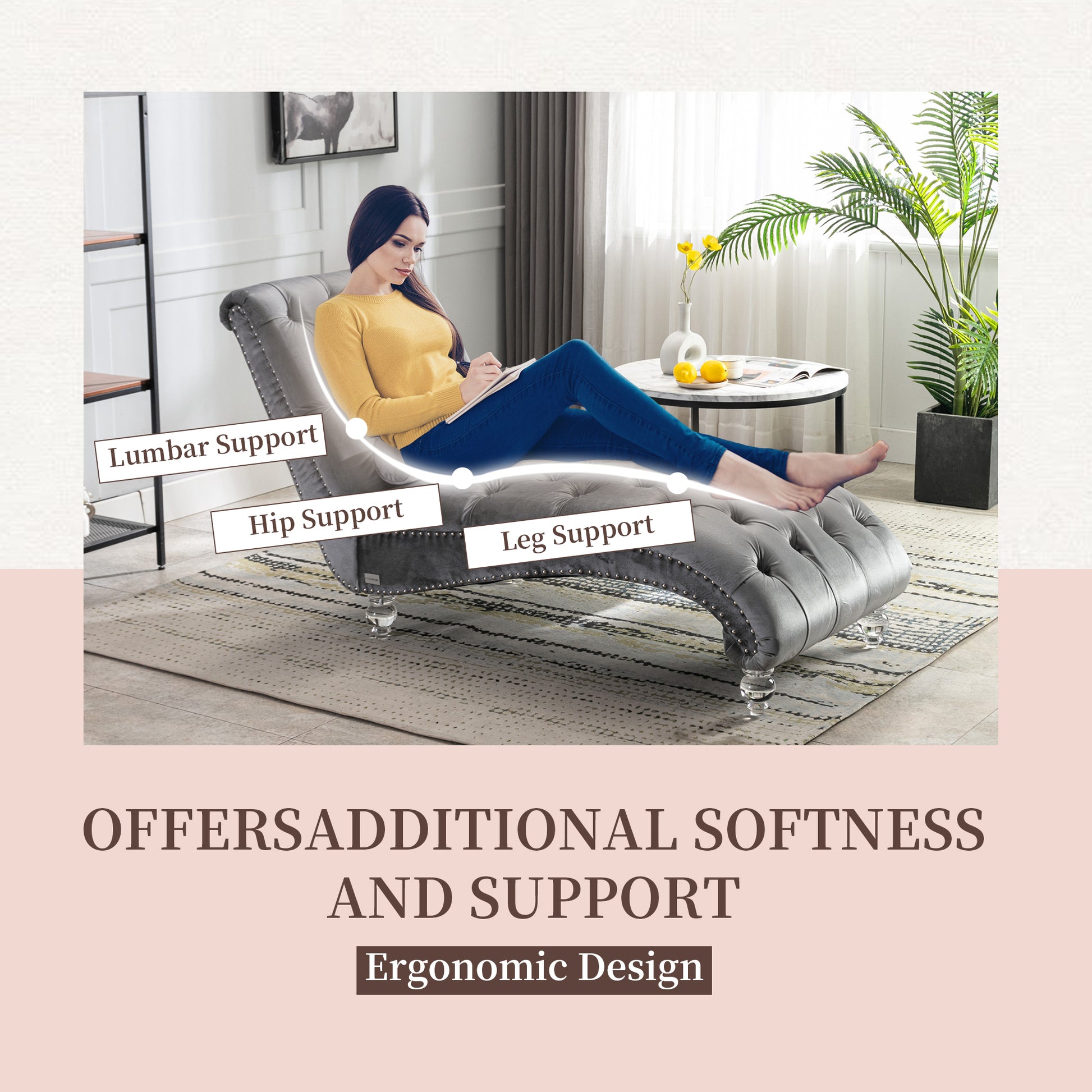 Tufted grey velvet chaise lounge with crystal legs and ergonomic support for relaxation