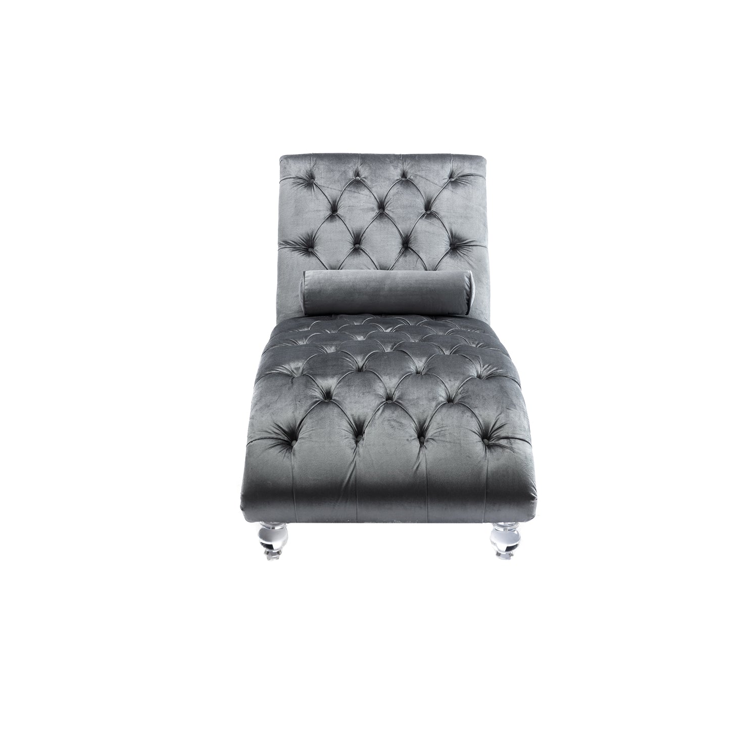 Gray velvet chaise lounge with tufted upholstery and crystal legs