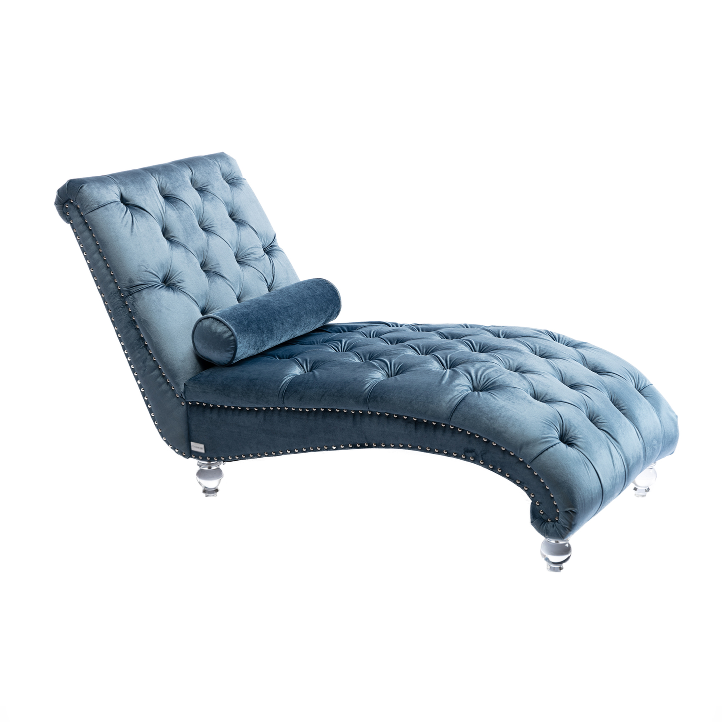 Blue velvet chaise lounge with tufted upholstery and crystal legs