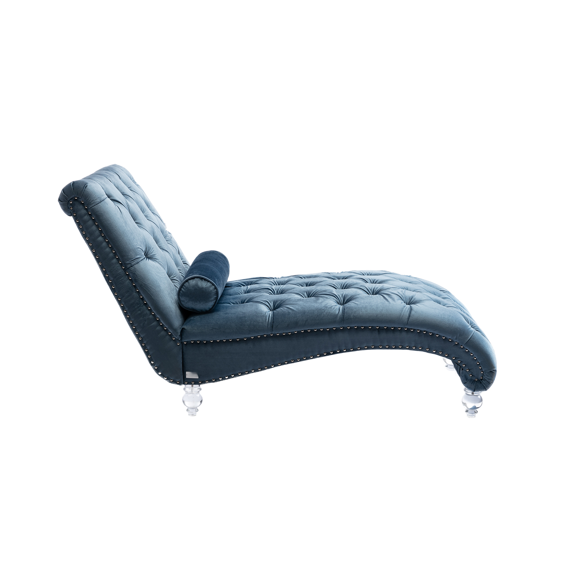 Elegant tufted velvet chaise lounge in dusty blue with nailhead trim
