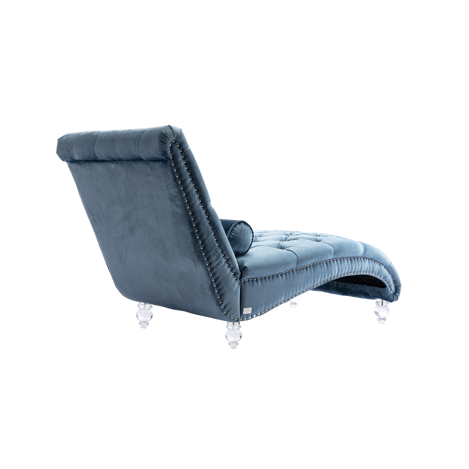 Blue velvet chaise lounge with crystal legs and stud detail