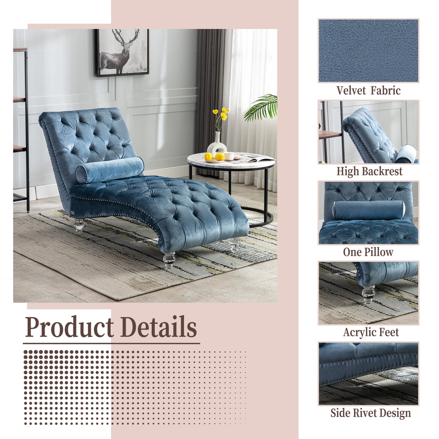 Blue velvet chaise lounge with tufted backrest and acrylic feet