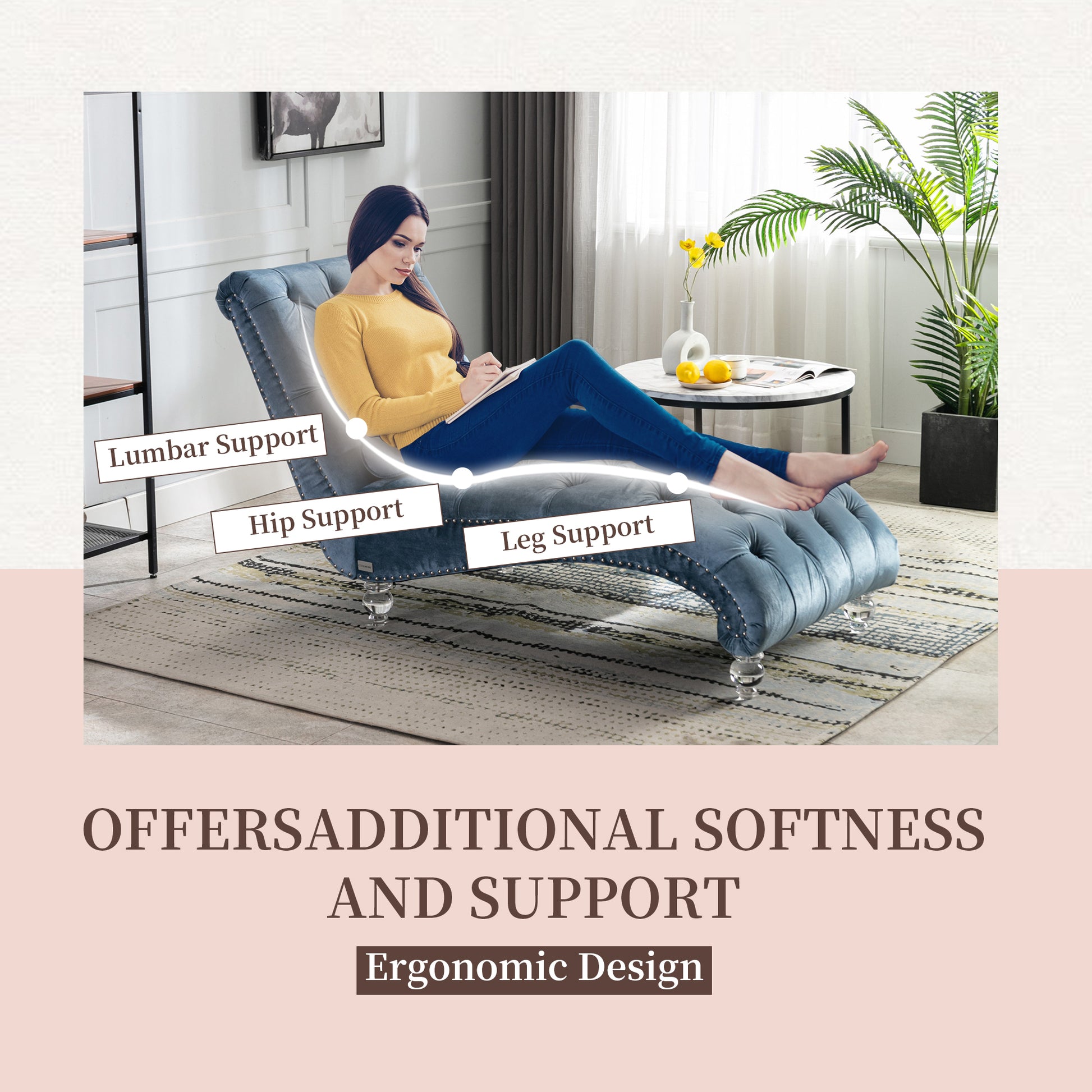 Tufted velvet chaise lounge in dusty blue with clear acrylic legs offering lumbar hip and leg support