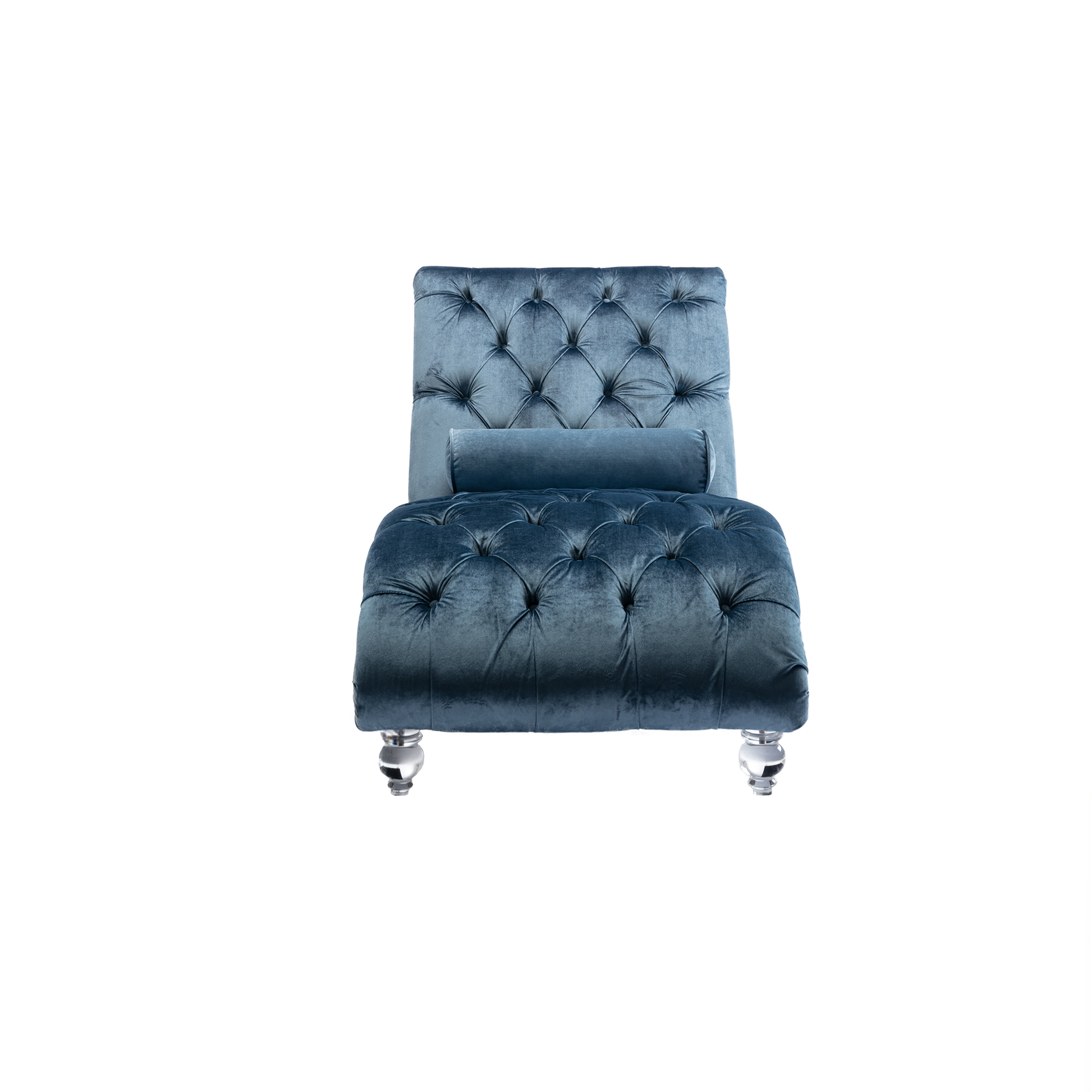 Elegant blue velvet chaise lounge with tufted details and bolster pillow