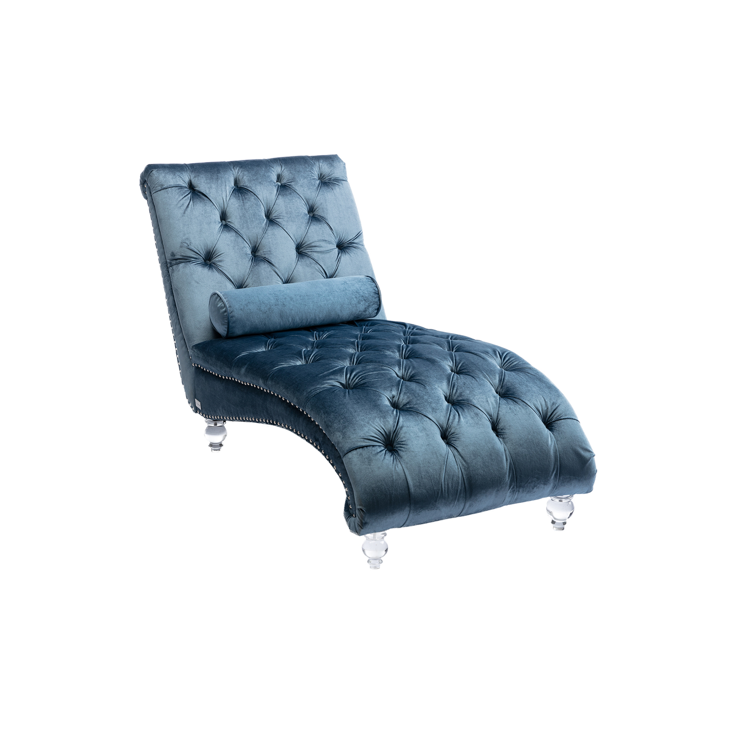 Deep teal velvet chaise lounge with tufted upholstery and crystal legs