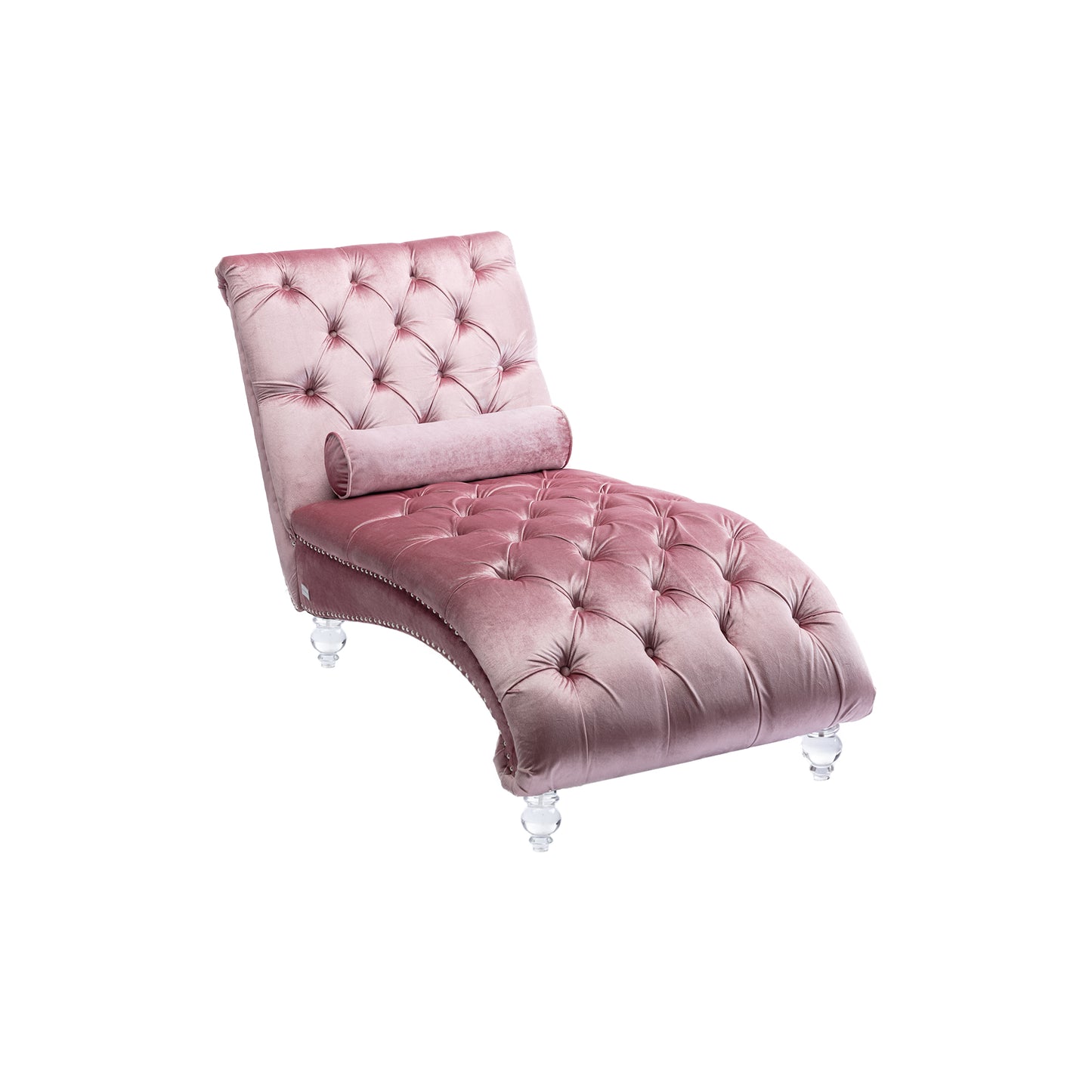 Pink velvet chaise lounge with tufted design and crystal legs for elegant living rooms