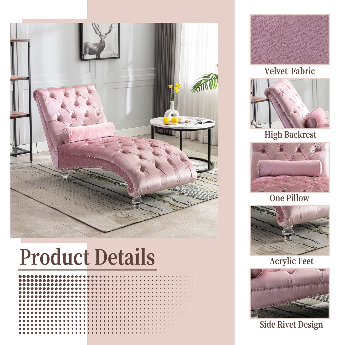 Pink velvet tufted chaise lounge with decorative crystal legs and silver nailhead trim