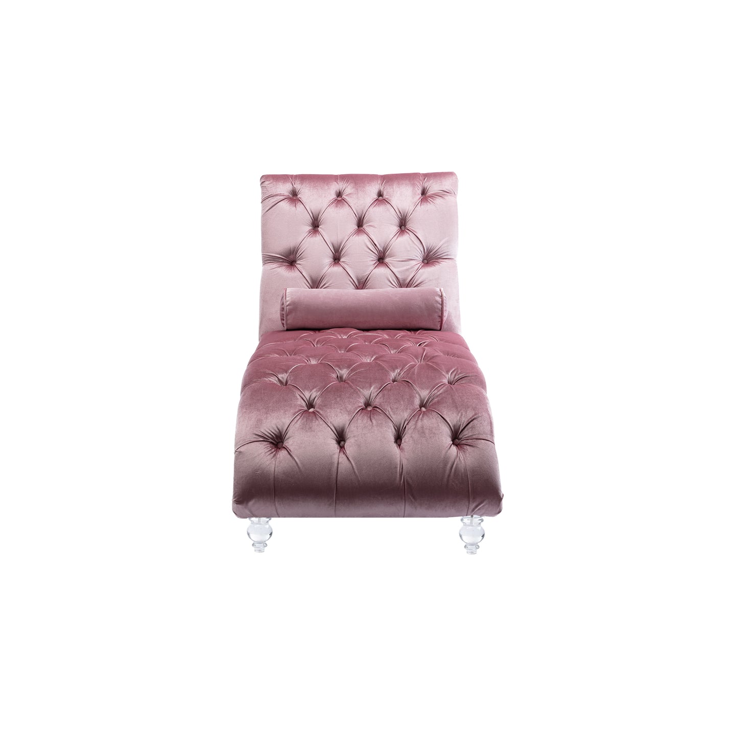 Dusty rose velvet chaise lounge with button tufting and clear acrylic legs