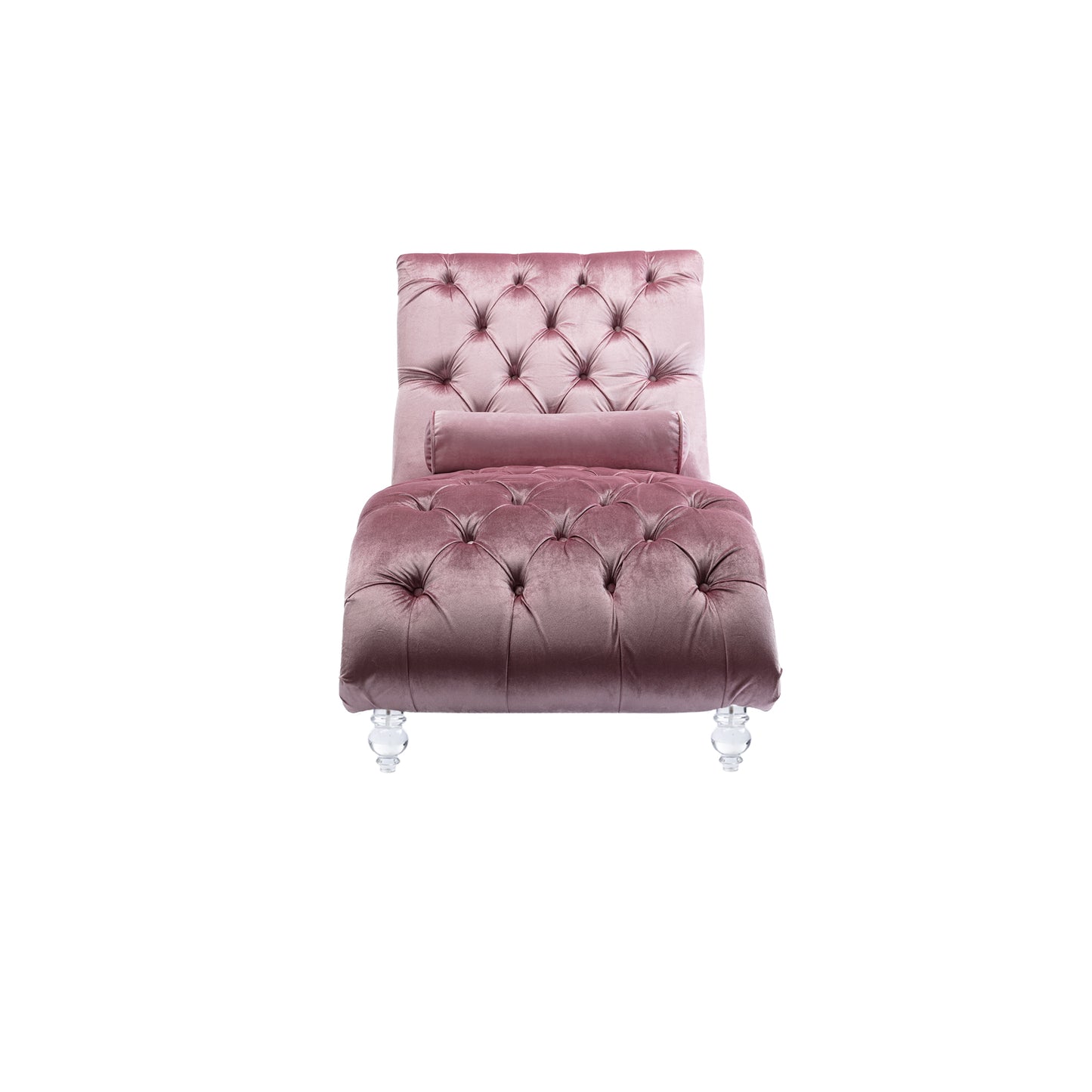 Dusty rose velvet chaise lounge with diamond tufting and clear acrylic legs