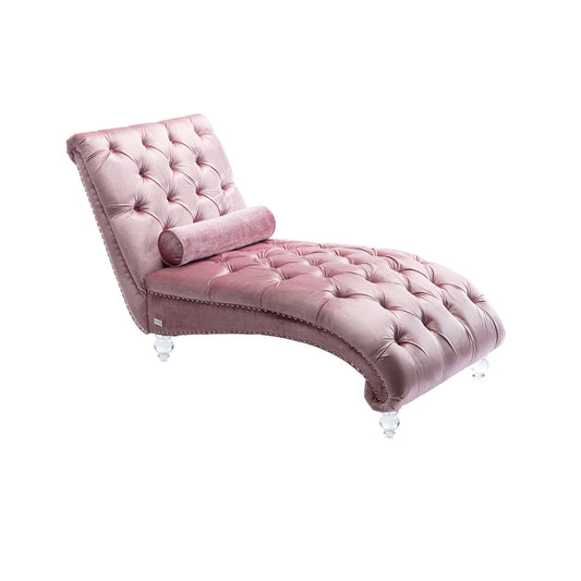 Tufted rose gold velvet chaise lounge with crystal legs and bolster pillow