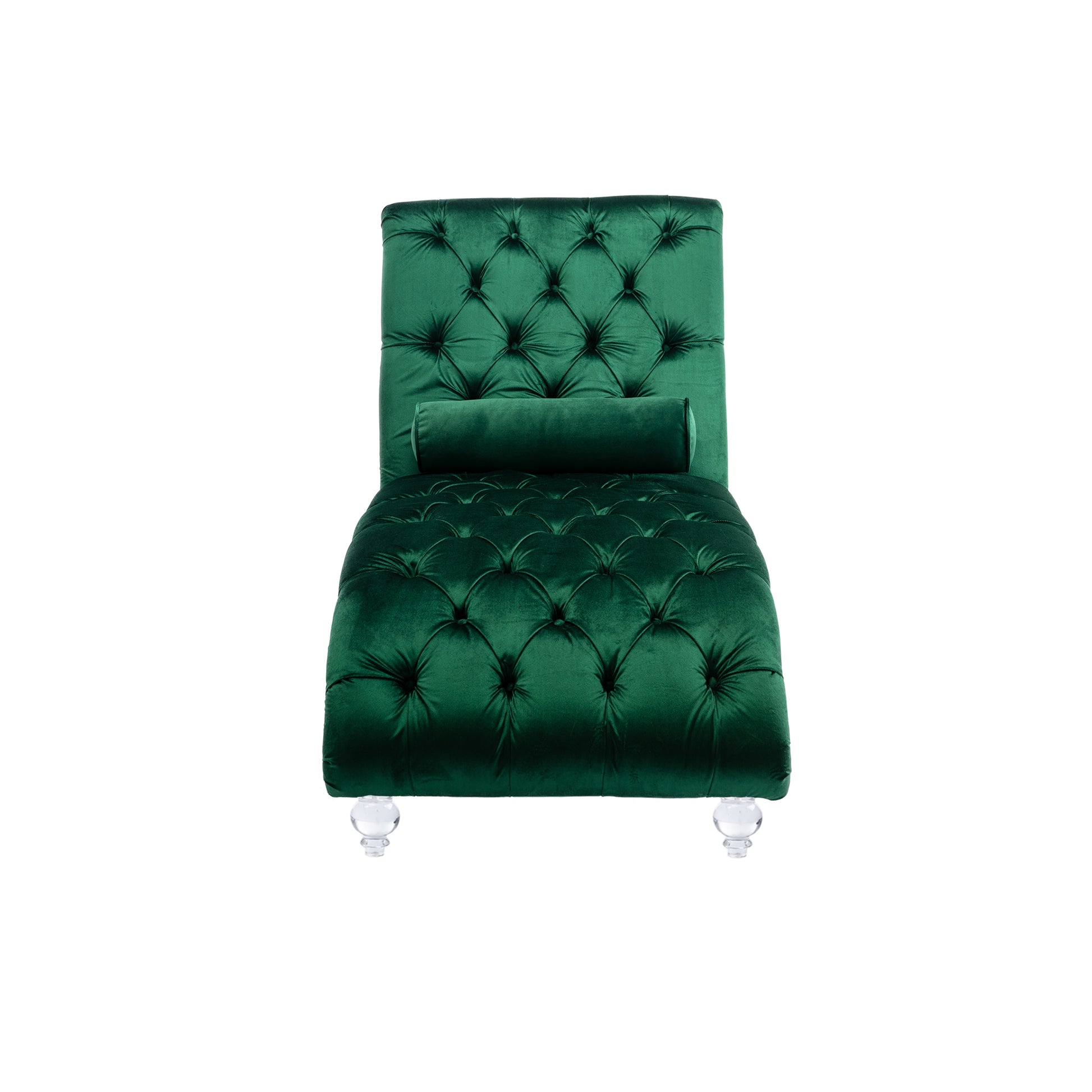 Emerald green velvet tufted chaise lounge with clear acrylic legs and bolster pillow