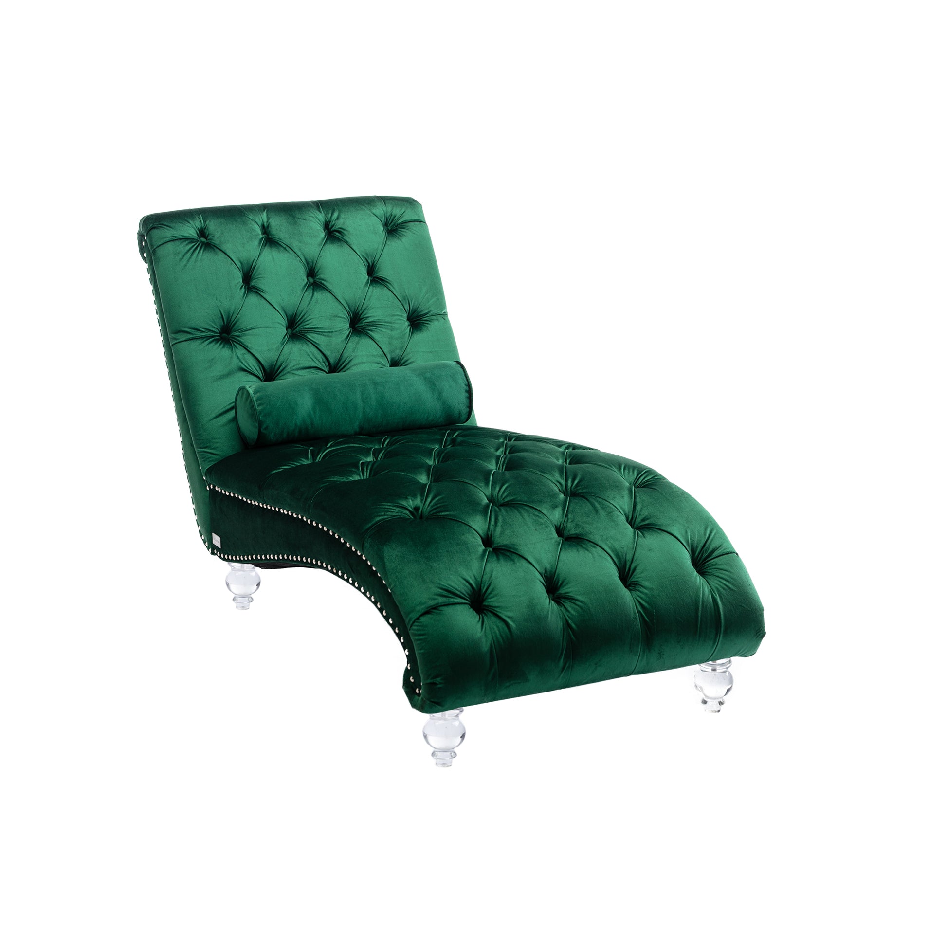 Emerald green velvet chaise lounge with diamond tufting and silver nailhead trim