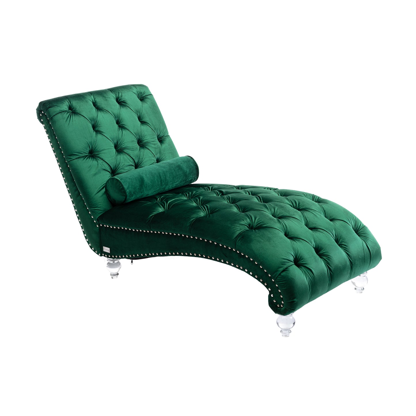 Emerald green velvet tufted chaise lounge with silver nailhead trim and acrylic legs
